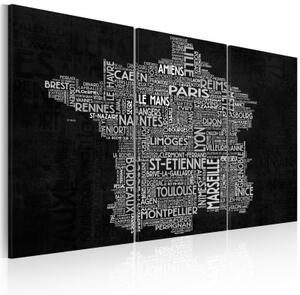 Obraz - Text map of France on the black background - triptych