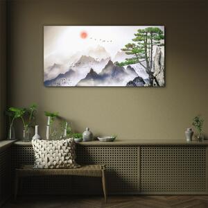 Obraz na skle Obraz na skle Horské mlhy slunce strom