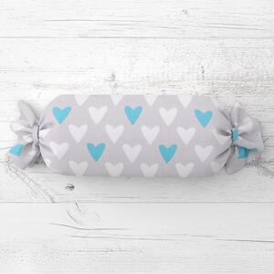 Biante Dětský polštář válec bonbon Sandra SA-017 Tyrkysové srdce na šedém 15x40 cm