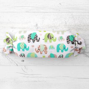 Biante Dětský polštář válec bonbon Sandra SA-035 Zelení sloníci na bílém 15x40 cm
