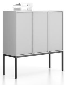 Kancelářská skříň FRAME, nízká, černá podnož, 3x dveře, 1299 x 450 x 1331 mm, PUSH-lock, šedá