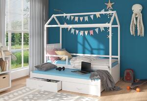 Dětská postel MELICHAR Domek se zábranou + matrace, 90x200/90x190, bílá