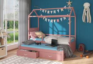 Dětská postel JONASZEK Domek se zábranou + matrace, 90x200/90x190, růžová