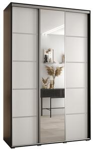 Šatní skříň DAVOS 5 posuvné dvěře a zrcadlo, 150×235×45, Černá / bílá / stříbrné pojezdy