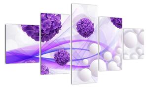 Obraz fialových květů a bílých koulí (125x70cm)