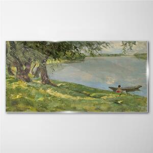 Obraz na skle Obraz na skle Malování lodí jezero strom