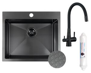 Laveo Malawi, 1-komorový nerezový dřez 580x500x200 mm s kuchyňskou baterií s připojením na filtr vody, černá, LAV-SLMA710F