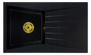 Granitový dřez RUBIN černý s texturou žuly + zlatý sifon