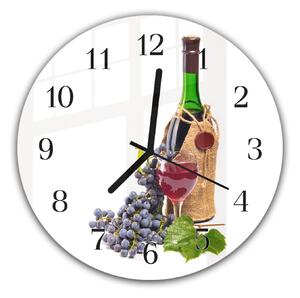 Nástěnné hodiny pr.30cm láhev vína a hrozny - kalené sklo