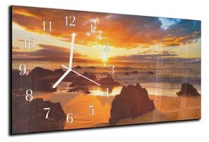 Nástěnné hodiny 30x60cm západ slunce na pláži - kalené sklo