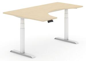 Výškově nastavitelný stůl, elektrický, 625-1275 mm, ergonomický levý, 1800x1200 mm, buk, bílá podnož