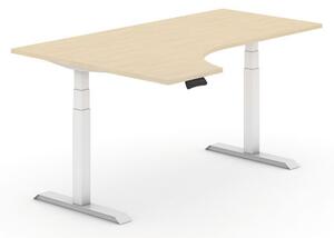 Výškově nastavitelný stůl, elektrický, 625-1275 mm, ergonomický levý, deska 1800x1200 mm, dub, bílá podnož