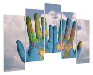 Obraz - mapa světa na dlani (125x90cm)