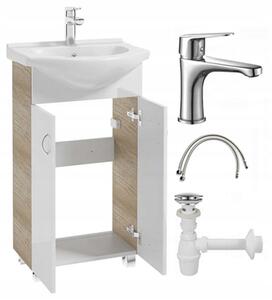 Koupelnová skříňka s umyvadlem, baterií a sifonem 50x86 cm, stojící, bílá čelní strana