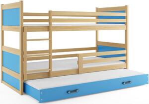 Patrová postel FIONA 3 COLOR + matrace + rošt ZDARMA, 90x200 cm, borovice, blankytná