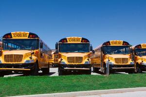 DIMEX | Vliesová fototapeta Řada školních autobusů MS-5-2717 | 375 x 250 cm | zelená, modrá, žlutá
