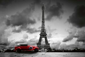 DIMEX | Vliesová fototapeta Eiffelova věž s retro autem MS-5-2729 | 375 x 250 cm | červená, bílá, černá