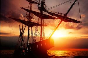 DIMEX | Vliesová fototapeta Stará pirátská loď MS-5-2749 | 375 x 250 cm | černá, oranžová