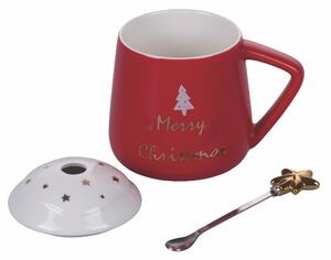 VILLA D’ESTE HOME TIVOLI Veselý porcelánový vánoční hrnek s víčkem a lžičkou Merry Christmas, červený, 375 ml