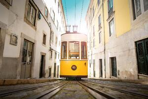DIMEX | Vliesová fototapeta Tramvaj v Lisabonu MS-5-2878 | 375 x 250 cm | bílá, žlutá, šedá