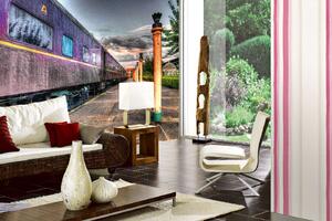 DIMEX | Vliesová fototapeta Fialový vlak ve stanici MS-5-2900 | 375 x 250 cm | fialová, oranžová, šedá