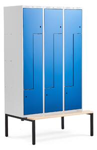 AJ Produkty Šatní skříňka CLASSIC Z, s lavicí, 3 sekce, 6 dveří, 2120x1200x550 mm, modré dveře