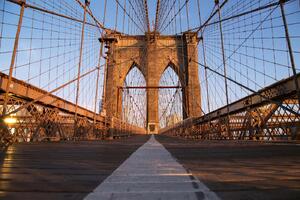 DIMEX | Vliesová fototapeta Brooklyn Bridge při východu slunce MS-5-2964 | 375 x 250 cm | modrá, bílá, hnědá