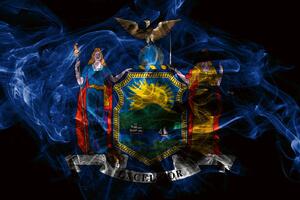 DIMEX | Vliesová fototapeta Vlajka státu New York MS-5-3015 | 375 x 250 cm | modrá, červená, černá, žlutá