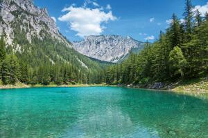 DIMEX | Vliesová fototapeta Rakouské alpské jezero MS-5-3078 | 375 x 250 cm | zelená, modrá, šedá