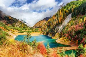 DIMEX | Vliesová fototapeta Podzimní krajina s jezerem MS-5-3072 | 375 x 250 cm | zelená, bílá, žlutá