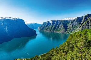 DIMEX | Vliesová fototapeta Sognefjord v létě MS-5-3081 | 375 x 250 cm | zelená, modrá, bílá