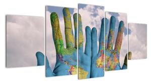 Obraz - mapa světa na dlani (150x70cm)