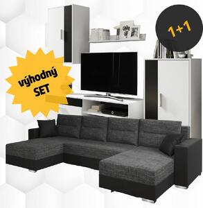 Set sedací souprava HERMINA + obývací stěna HONGKONG bílá/černá