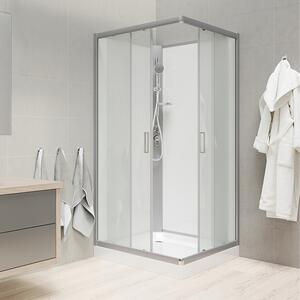 Sprchový box, čtvercový, 90 cm, profily satin, sklo Point, záda bílá, SMC vanička, bez stříšky
