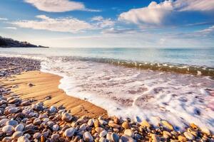 DIMEX | Vliesová fototapeta Makauda Beach, Sicílie MS-5-3225 | 375 x 250 cm | modrá, bílá, žlutá