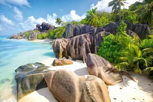 DIMEX | Vliesová fototapeta Sandy Beach, Seychely MS-5-3238 | 375 x 250 cm | zelená, modrá, bílá