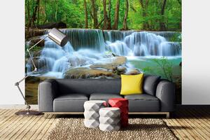 DIMEX | Vliesová fototapeta Mohutný vodopád v lese MS-5-3249 | 375 x 250 cm | zelená, bílá, hnědá