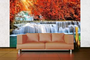 DIMEX | Vliesová fototapeta Vodopád v podzimním lese MS-5-3261 | 375 x 250 cm | zelená, modrá, červená, bílá