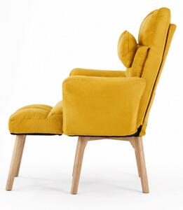 Relaxační křeslo, polohovací, s podnožkou, dřevo/textil, 101x85x69 cm, nohy světlé/hořčicová, Dekorino SILVANA