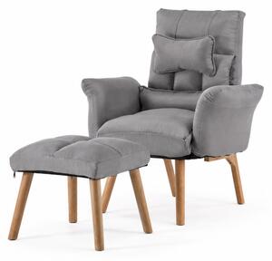 Relaxační křeslo, polohovací, s podnožkou, dřevo/textil, 101x85x69 cm, nohy světlé/šedá, Dekorino SILVANA