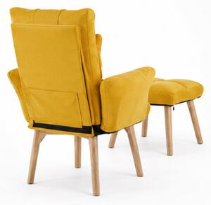 Relaxační křeslo, polohovací, s podnožkou, dřevo/textil, 101x85x69 cm, nohy světlé/hořčicová, Dekorino SILVANA