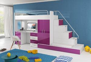 Dětská patrová postel RAJ V COLOR, 80x200, univerzální orientace, bílá/fialová lesk