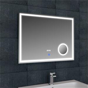 LED zrcadlo LUMI 80x60 cm s hodinami a kosmetickým zrcátkem