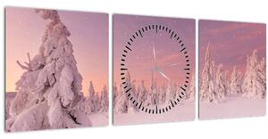 Obraz - Stromy pod sněhovou přikrývkou (s hodinami) (90x30 cm)