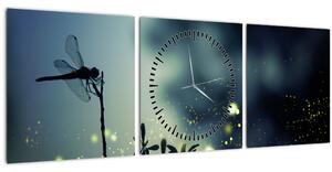Obraz - Vážka za třpytivé noci (s hodinami) (90x30 cm)