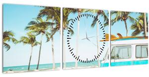 Obraz - Vintage dodávka na pláži (s hodinami) (90x30 cm)
