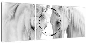 Obraz bílých koňů (s hodinami) (90x30 cm)