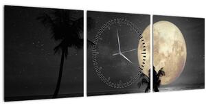 Obraz - Pláž za úplňku v šedých tónech (s hodinami) (90x30 cm)
