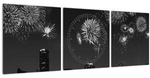 Obraz - Ohňostroj v Miami, černobílá (s hodinami) (90x30 cm)