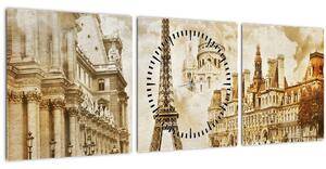 Obraz - Pařížské památky (s hodinami) (90x30 cm)